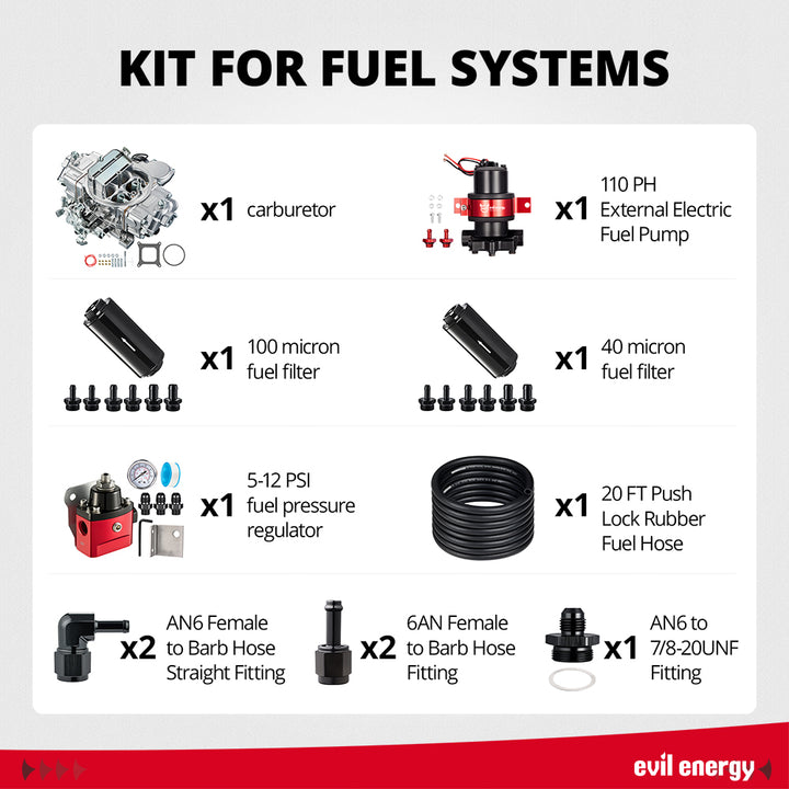 EVIL ENERGY 750 CFM 4-barrel Carburetor 110 GPH External Electric Fuel Pump Kit - EVILENERGY