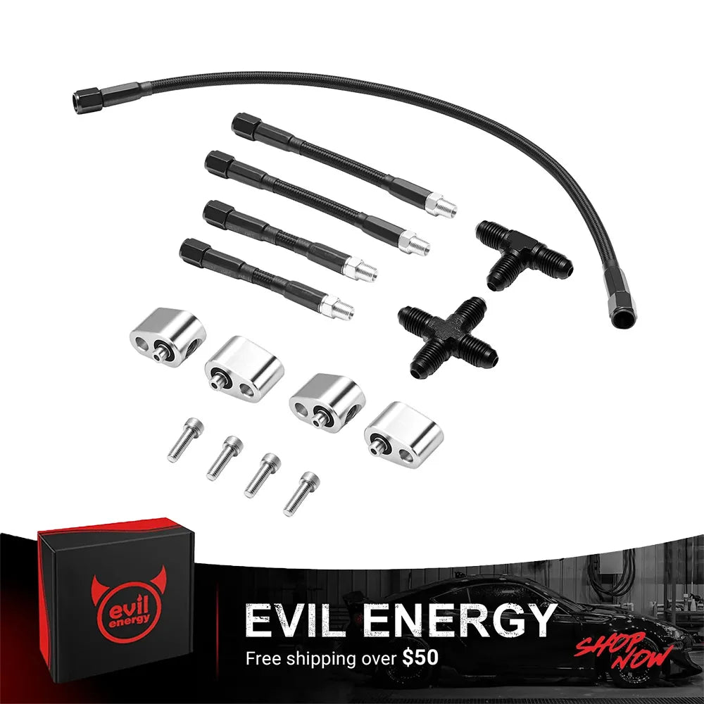 EVIL ENERGY LS Coolant Steam Port Crossover Kit for GM LS LS1 LS2 LS3 LS6 LS7 LSX Engines, 4-Port Cylinder Head Steam Vent Hose Kit with Black Cotton Braided Hose