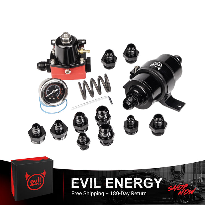 [20-75PSI&75-120PSI,Without Fuel Cell] EVIL ENERGY fuel pressure regulator and fuel filter kit with braided hose and various AN fittings for EFI systems
