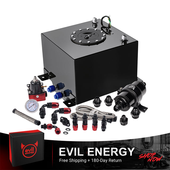 [30-70PSI] Complete EFI Returnless Fuel System Kit by Evil Energy with all included components: regulator, fuel filter, fuel cell, fittings, and hose.