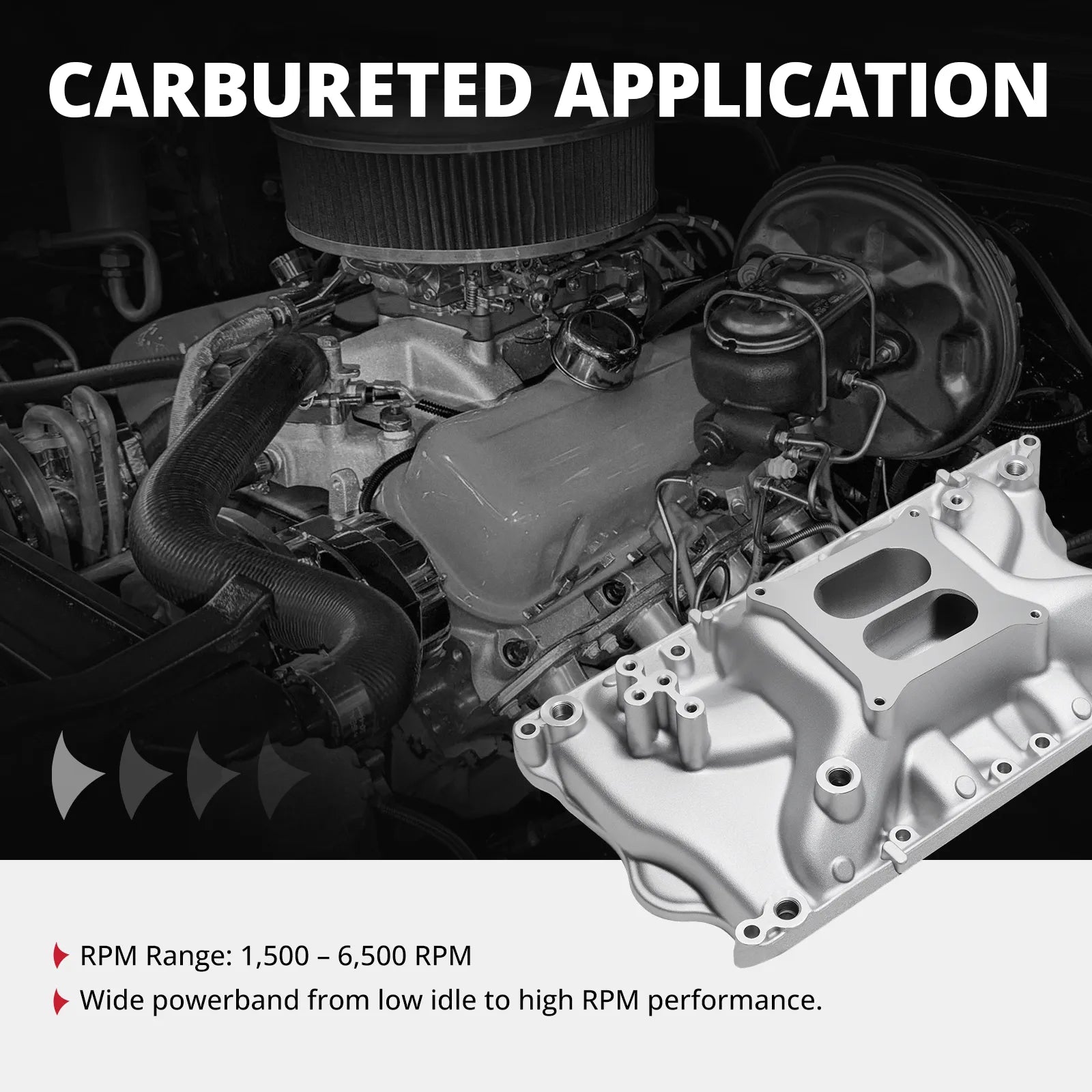 Ford small block SBF Windsor 351W carburetor intake manifold upgrade on classic V8 engine bay, optimized for 1500 to 6500 RPM range.