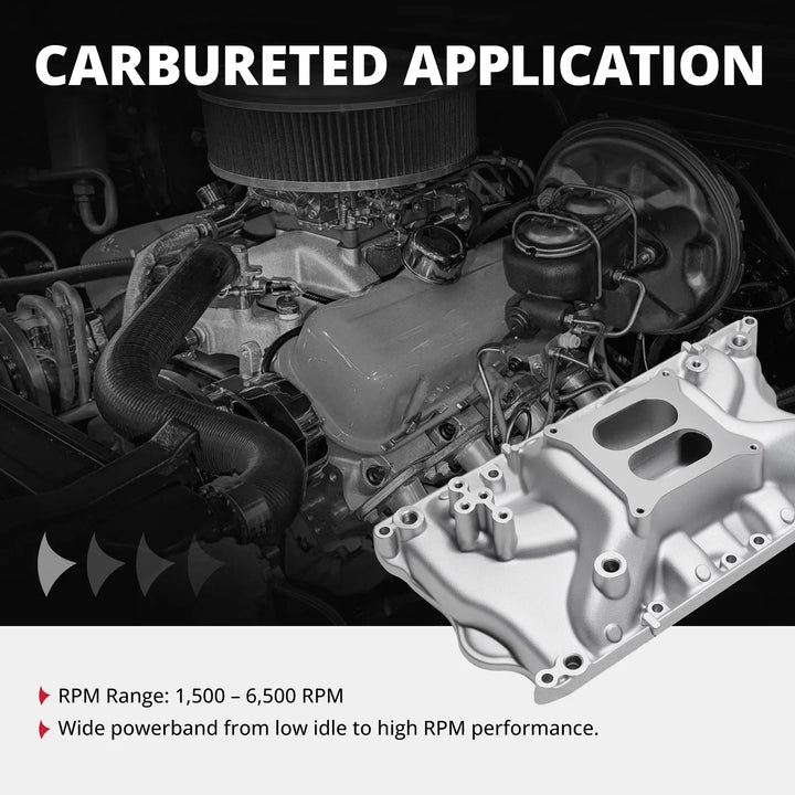 Ford small block SBF Windsor 351W carburetor intake manifold upgrade on classic V8 engine bay, optimized for 1500 to 6500 RPM range.