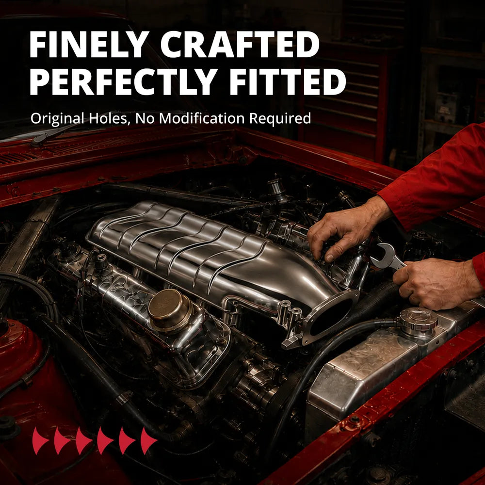 Mechanic working on a classic car engine bay installing a finely crafted performance aluminum intake manifold with original bolt holes requiring no modification.