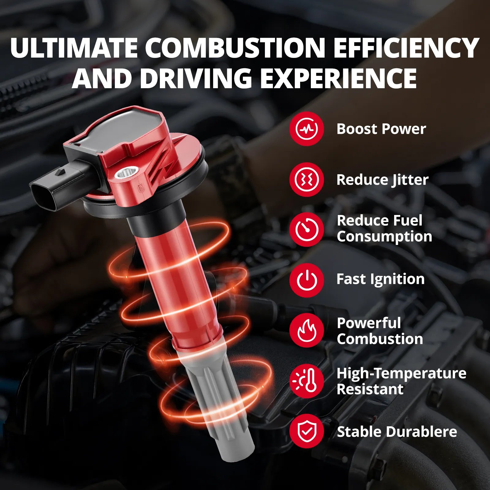 EVIL ENERGY UF622 Ignition Coil visualized on a Ford V8 engine, demonstrating Ultimate Combustion Efficiency, Boost Power, and Reduced Fuel Consumption.
