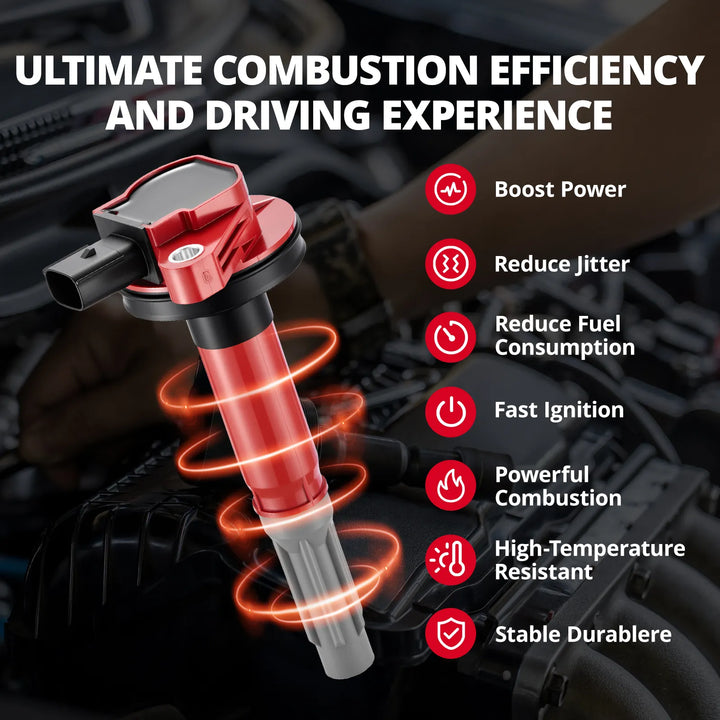 EVIL ENERGY UF622 Ignition Coil visualized on a Ford V8 engine, demonstrating Ultimate Combustion Efficiency, Boost Power, and Reduced Fuel Consumption.