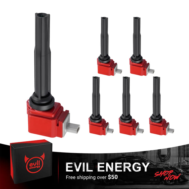 A collective product shot displaying a complete set of high-performance EVIL ENERGY ignition coils, including the main car ignition coil (UF773) designed for Ford F150 ignition coil and Ford Fusion ignition coil upgrades. The red and black design signals a premium coil ignition system.