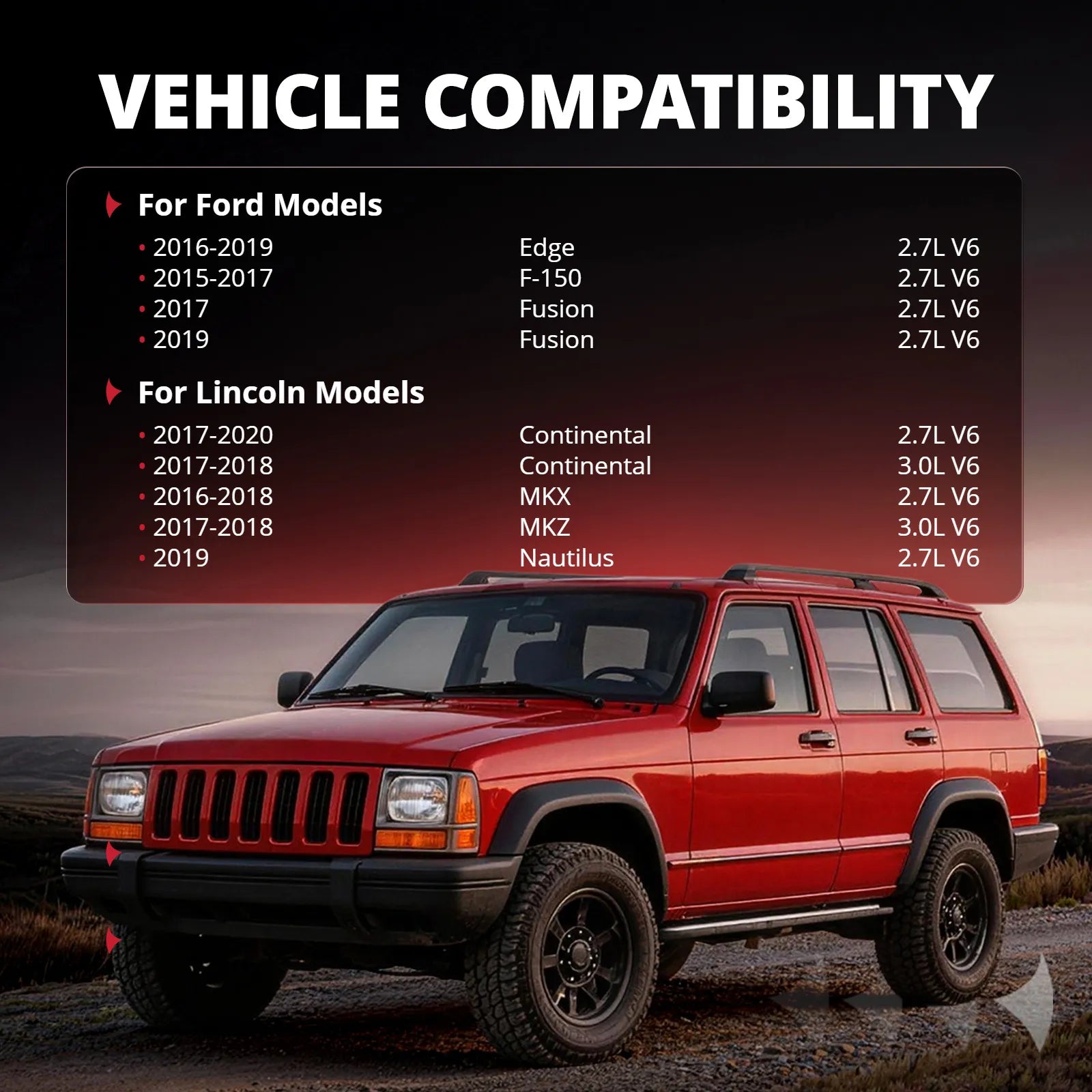 A vehicle compatibility chart listing precise fits for Ford ignition coil (UF773). Key fits include 2015-2017 Ford F-150 (2.7L V6), 2017 & 2019 Ford Fusion (2.7L V6), and specific Lincoln models like Continental and MKX, perfect for a 2016 Ford F150 truck ignition coil replacement.