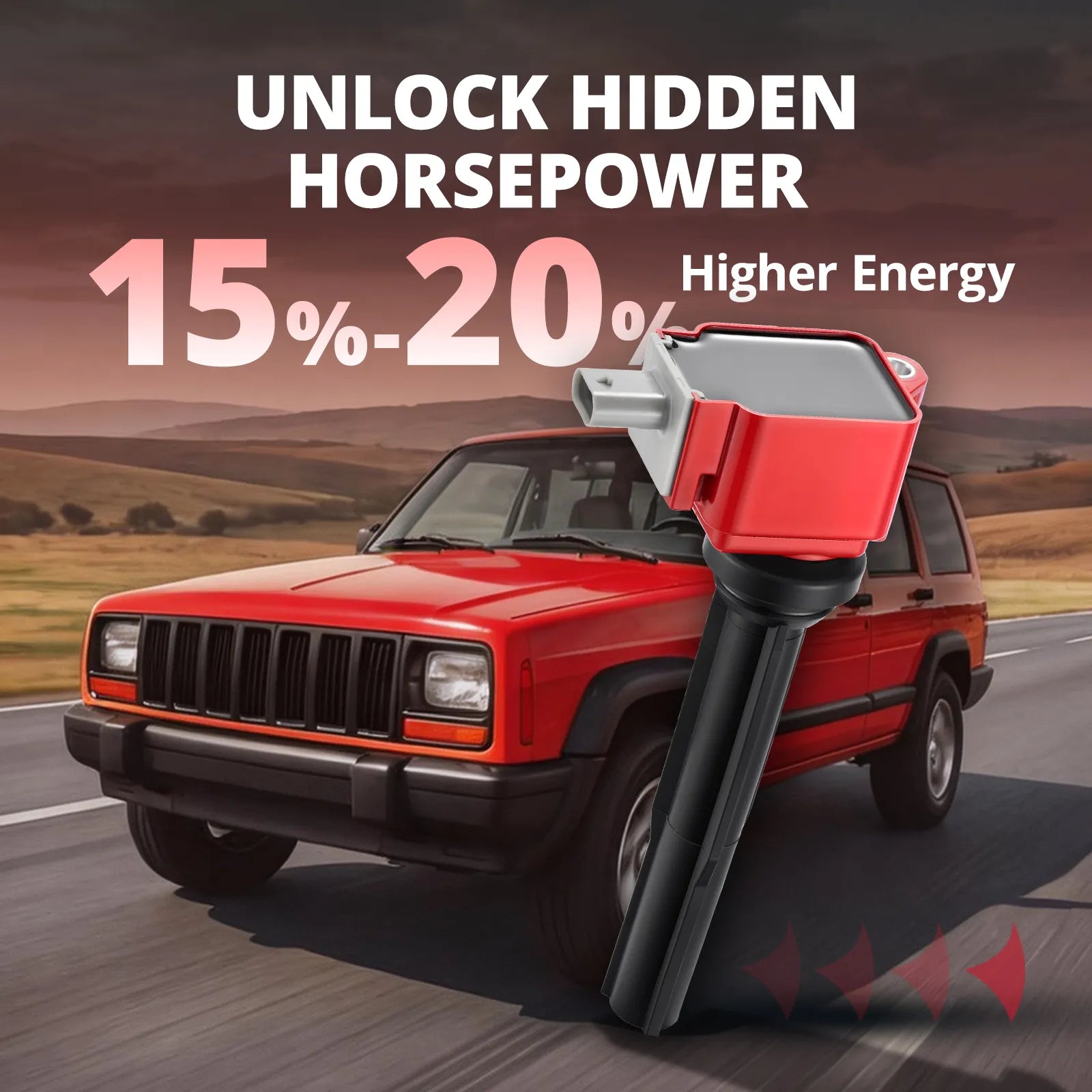 A visualization showing a red EVIL ENERGY ignition coil unlocking hidden horsepower on a red classic SUV. Text highlights 15%-20% Higher Energy, illustrating the significant performance boost offered by this aftermarket Ford ignition coil compared to stock.