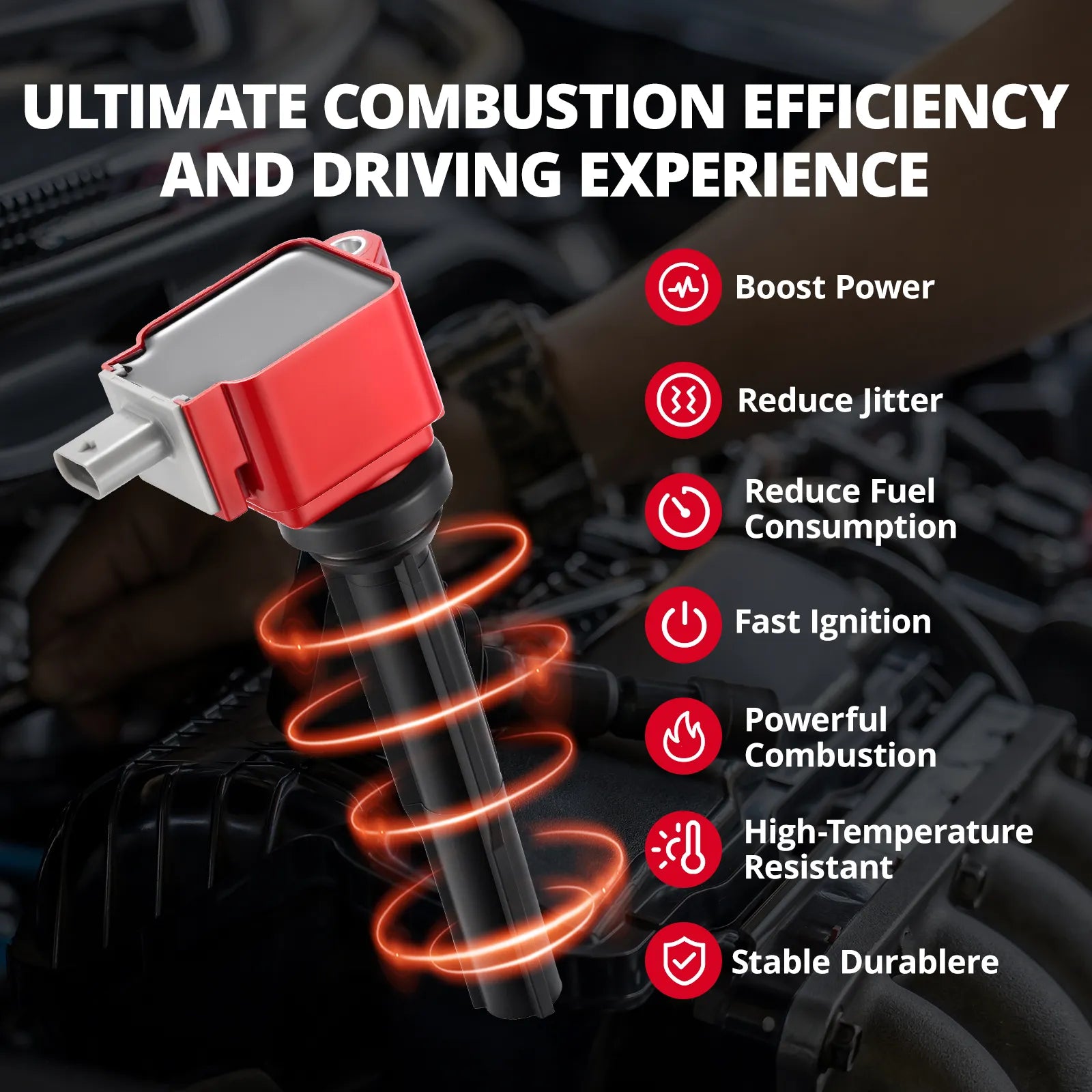An intricate diagram featuring a single red EVIL ENERGY car ignition coil with energized coils. Surrounding bullet points detail performance benefits, including Boost Power, Reduce Jitter, Reduce Fuel Consumption, and Fast Ignition, demonstrating ultimate combustion efficiency for a Ford ignition coil.