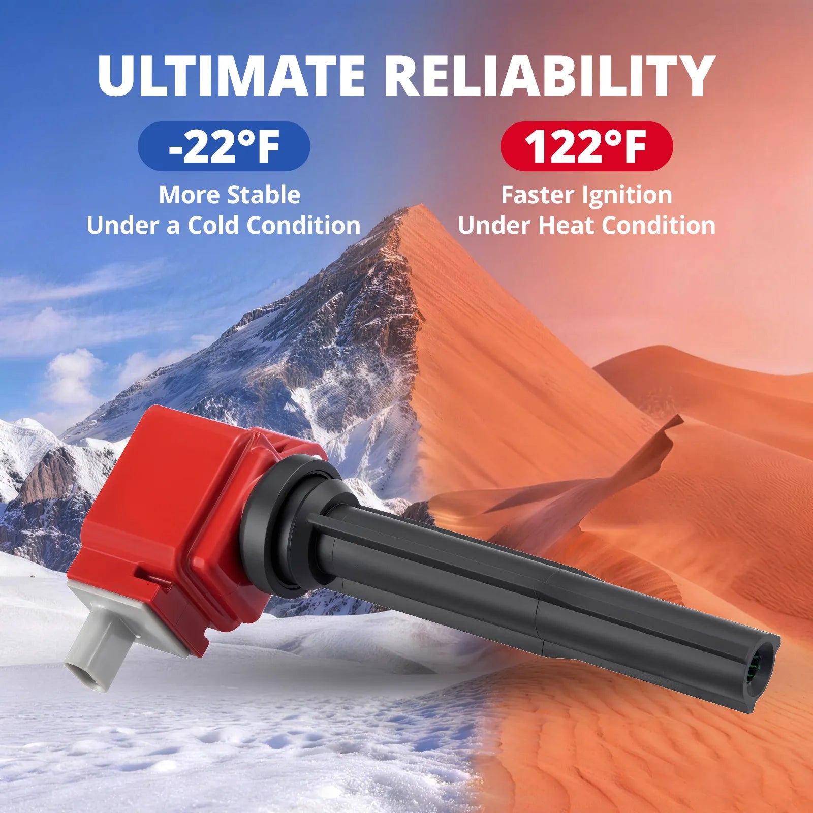A split-screen background of a snowy mountain and a hot desert showcasing the EVIL ENERGY ignition coil (UF773)'s ultimate reliability. Text confirms stable operation at extreme temperatures ranging from -22°F to 122°F, proving it is a durable coil ignition system.