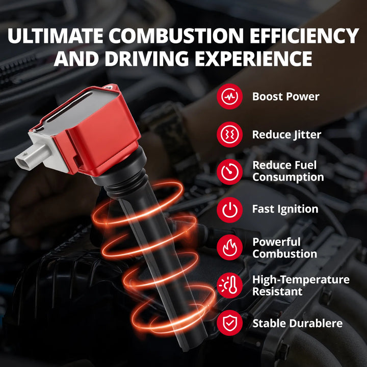 List of features for EVIL ENERGY car ignition coil, including Boost Power, Reduce Rough Idle, Lower Fuel Consumption, and High-Temperature Resistance.