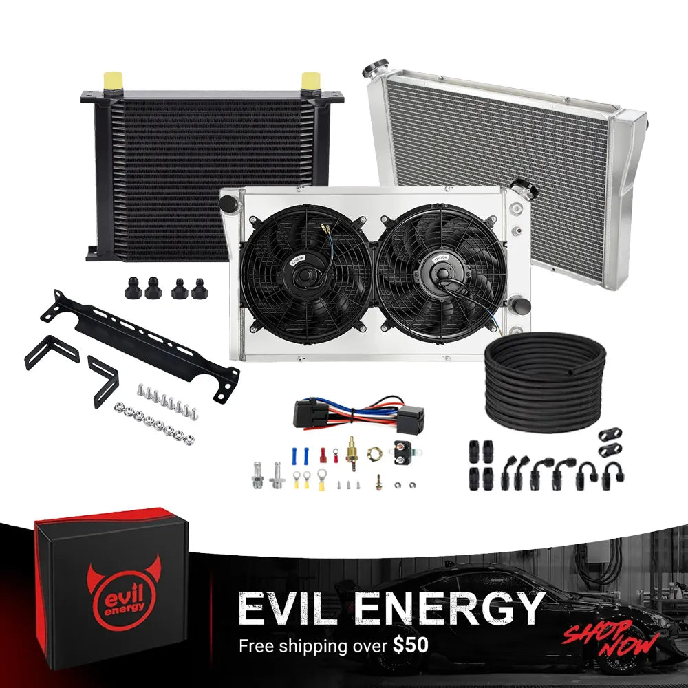 EVIL ENERGY 3-Row 56MM Aluminum Radiator Cooling System Kit for 1967-1970 Ford Mustang V8 w/ 30-Row Oil Cooler & CPE AN Hose Kit