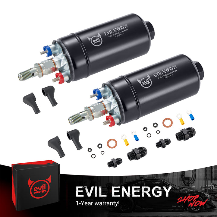 [2PCS] EVIL ENERGY External Inline Fuel Pump 2-Pack Kit – Double pumps, fittings, gaskets, stickers for 12V vehicles
