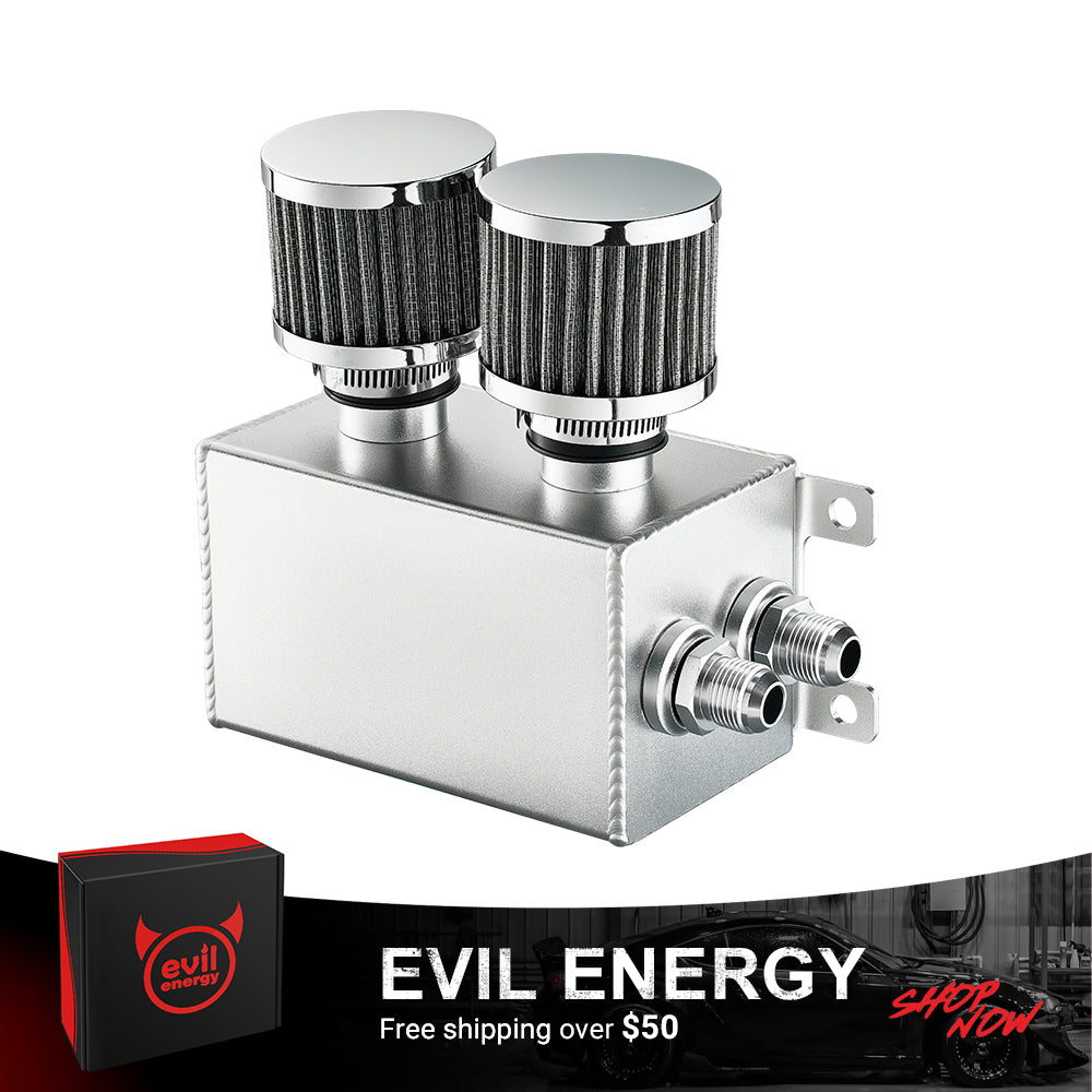 [Sliver] EVIL ENERGY 1.2L Oil Catch Can Kit silver aluminum model with dual breather filters for better engine ventilation.