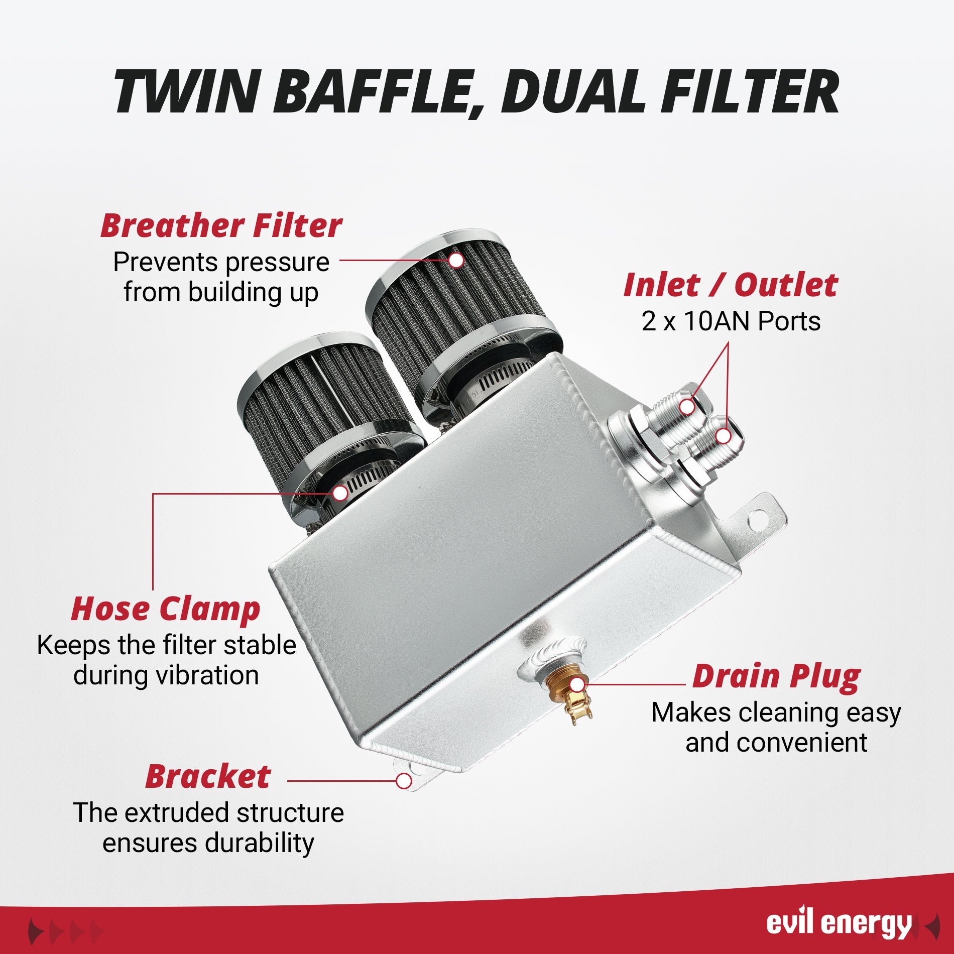 [Sliver] EVIL ENERGY 1.2L Oil Catch Can Kit silver model with twin baffles, dual filters, and brass drain plug.