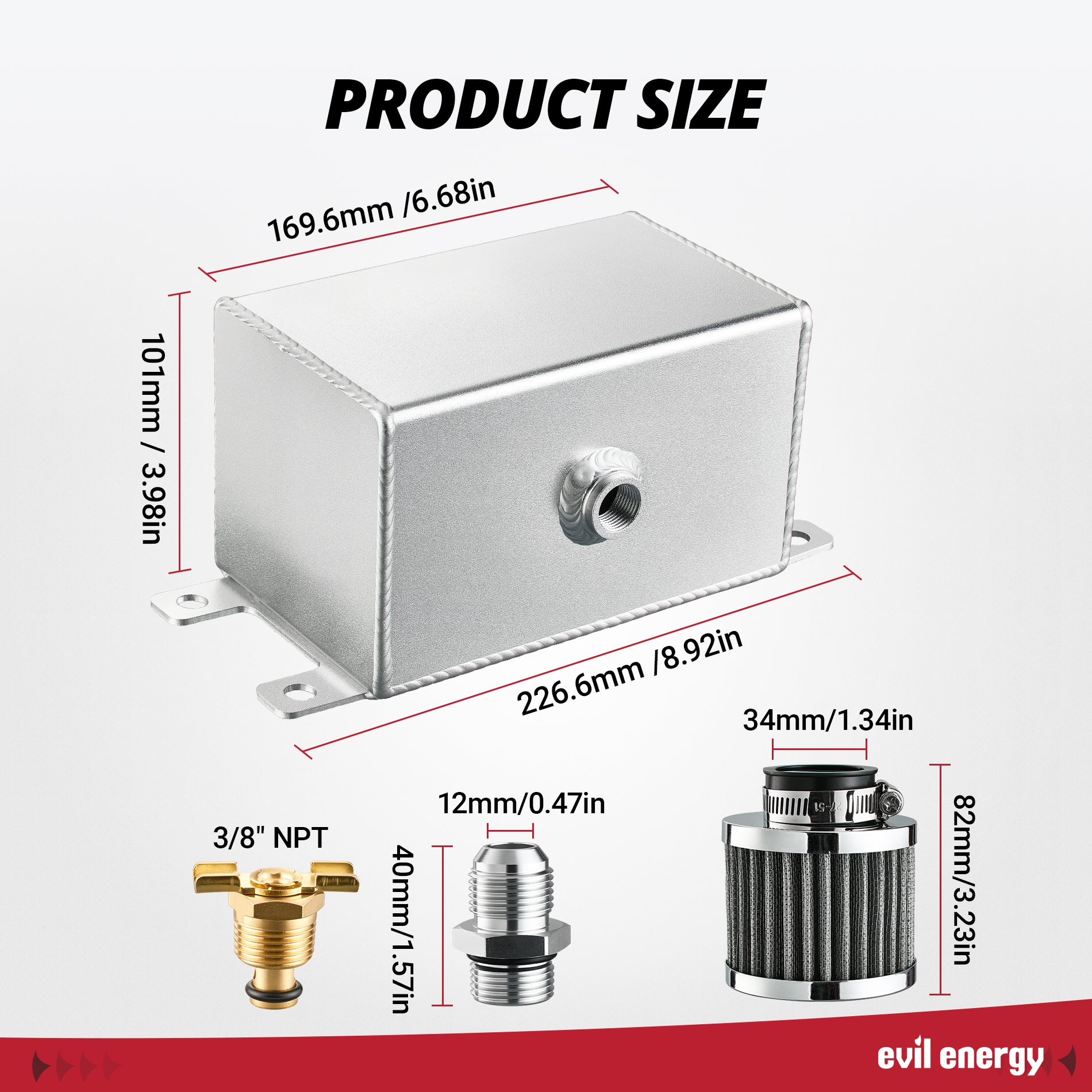 [Sliver] Product dimensions of EVIL ENERGY 1.2L Oil Catch Can Kit showing precise size and fitting details.