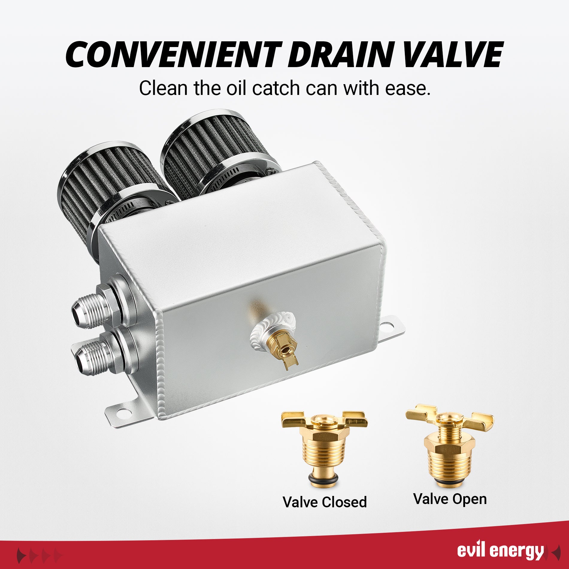 [Sliver] EVIL ENERGY 1.2L Oil Catch Can Kit silver version with easy-to-use drain valve and dual breather filters.