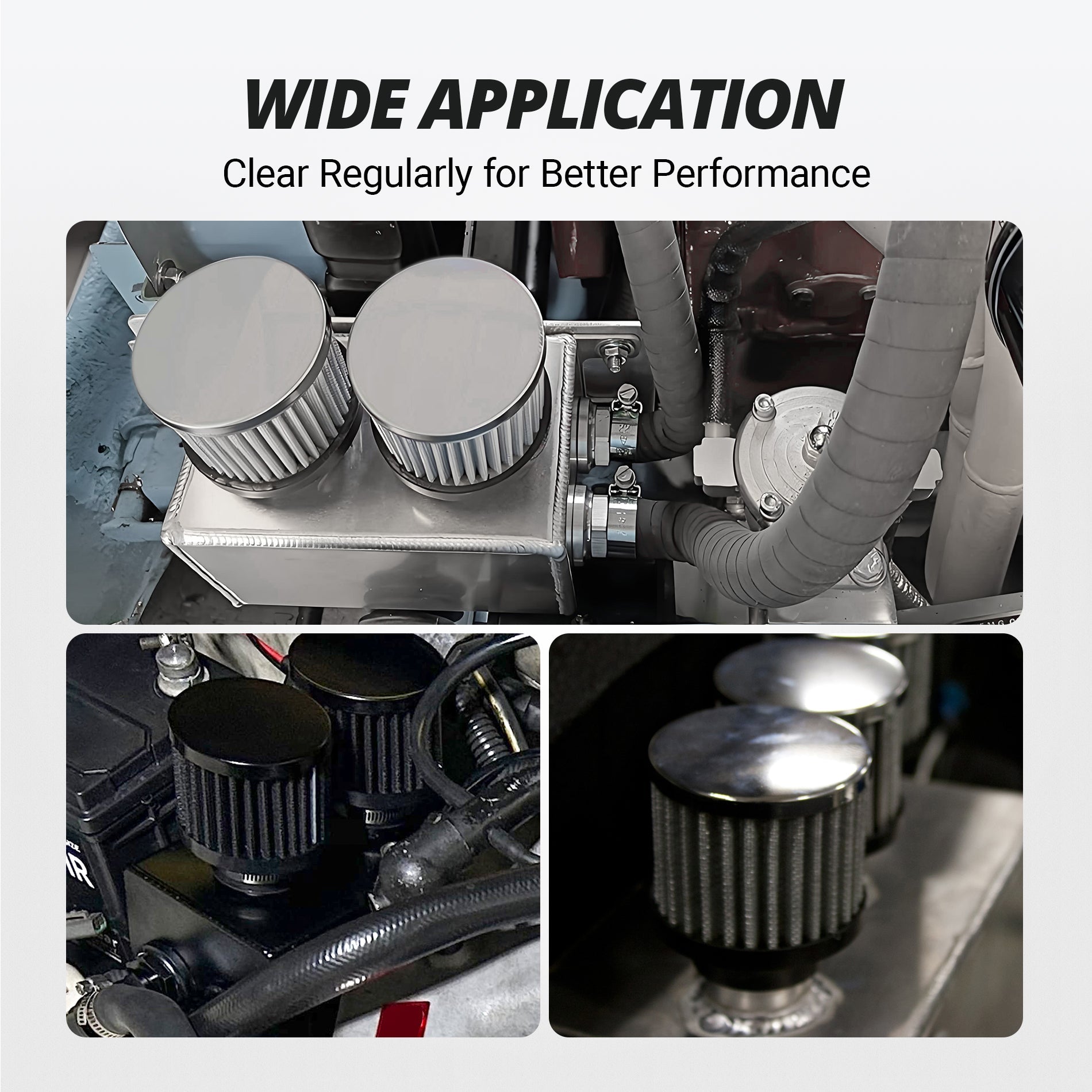 EVIL ENERGY 1.2L Oil Catch Can Kit installed in different vehicle engine bays, showing wide application and reliable performance for cleaner engines.