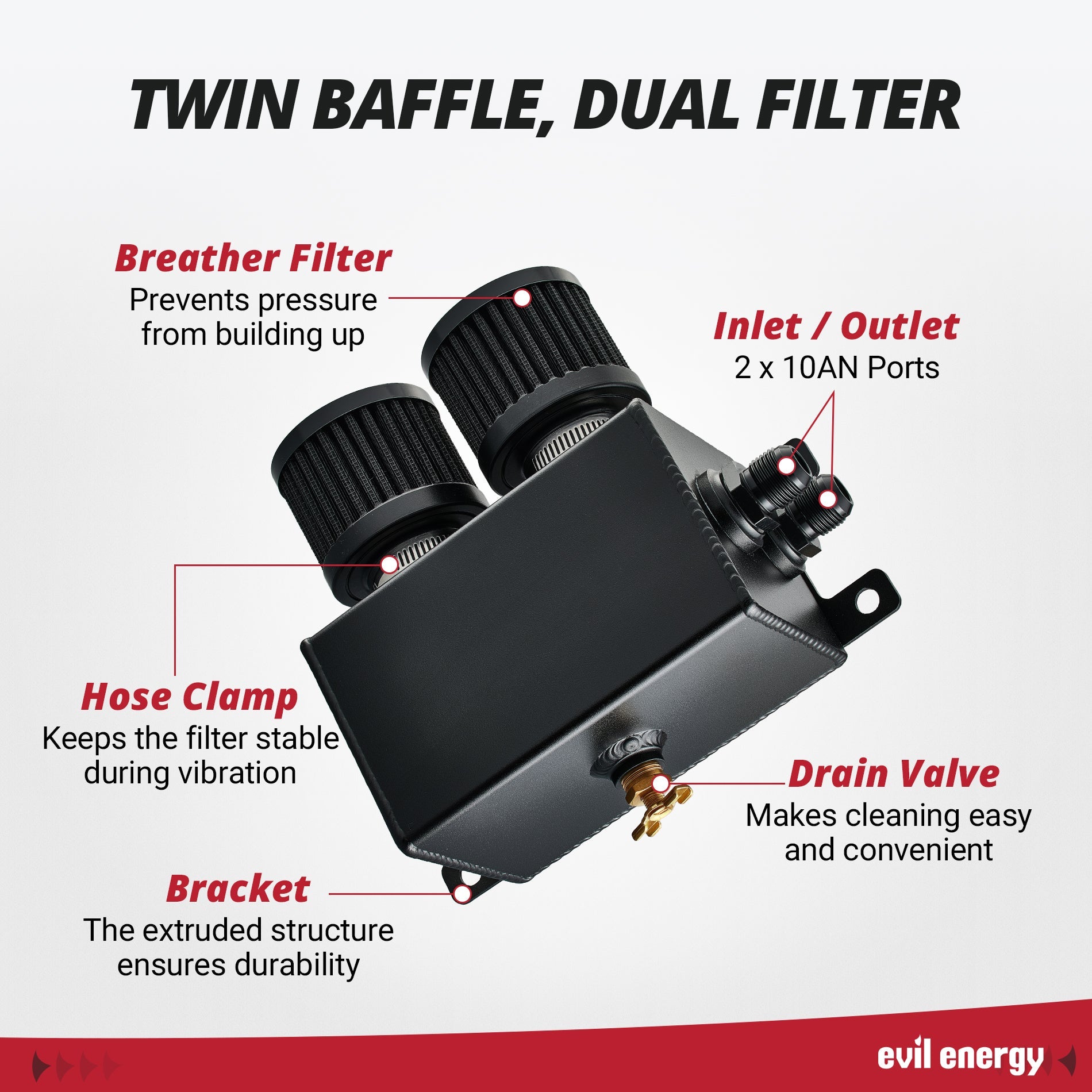 [Black] EVIL ENERGY 1.2L Oil Catch Can Kit with twin baffles, dual filters, hose clamp, and drain valve for high performance.