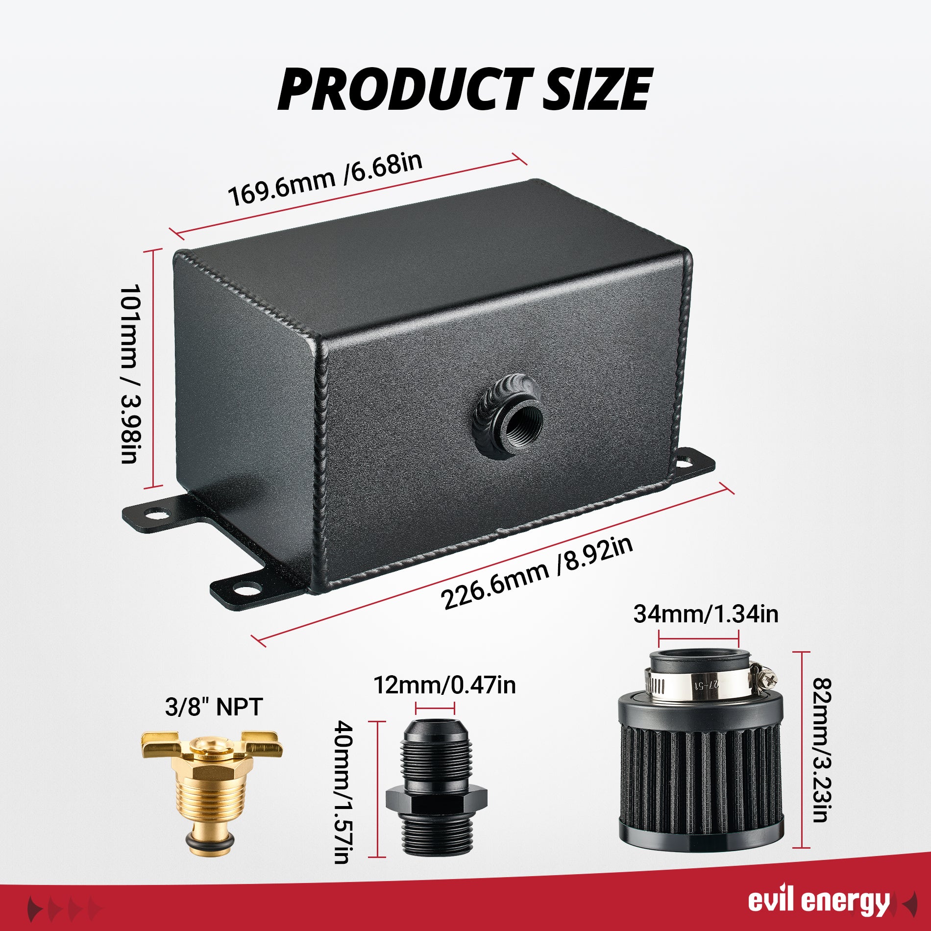 [Black] EVIL ENERGY 1.2L Oil Catch Can Kit product size diagram showing filter, drain valve, and 10AN fittings.