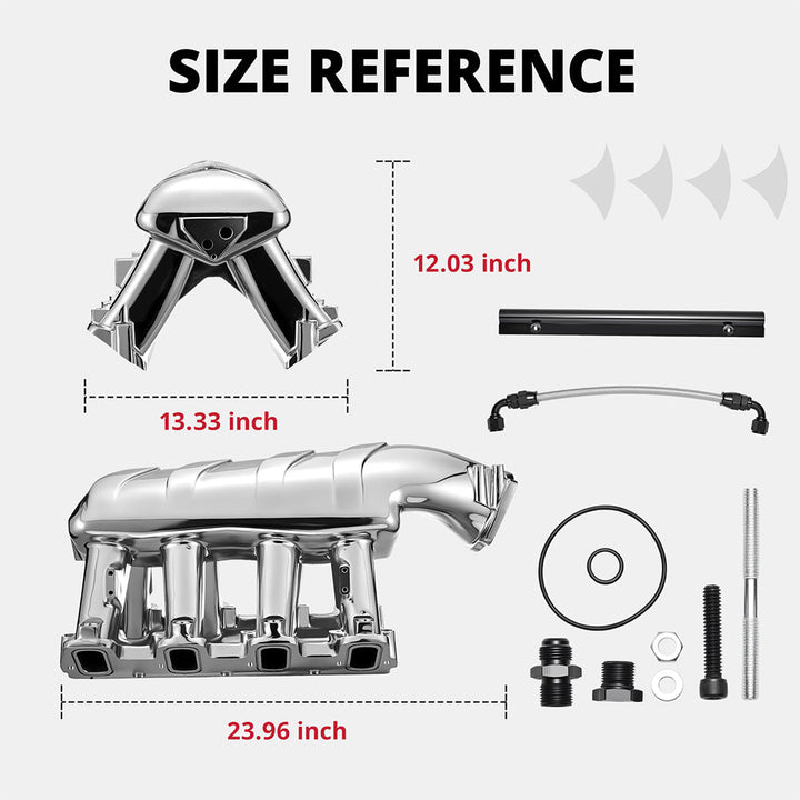 EVIL ENERGY LS intake manifold dimensional size reference chart showing 23.96 inch length, 13.33 inch width, and 12.03 inch high clearance specifications for custom cowl hood clearance check.