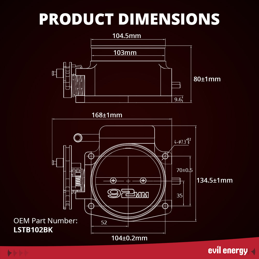 EVIL ENERGY 92MM Mechanical Throttle Body - Product Dimensions & OEM Part Number LSTB102BK