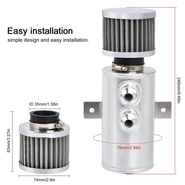 [Silver Style] EVIL ENERGY 10AN Baffled Oil Catch Can With Universal Coolant Overflow Tank — easy installation design with size measurements for universal fit.