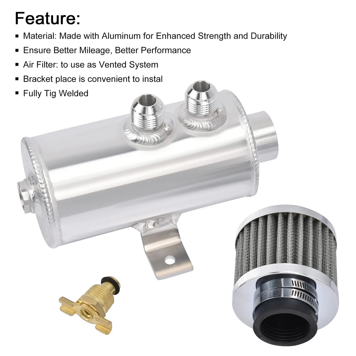 10AN Aluminum Baffled Oil Catch Can with Drain Valve 2 Ports Brushed  Reservoir Tank with Breather Filter 750ml – Exile Autoworx