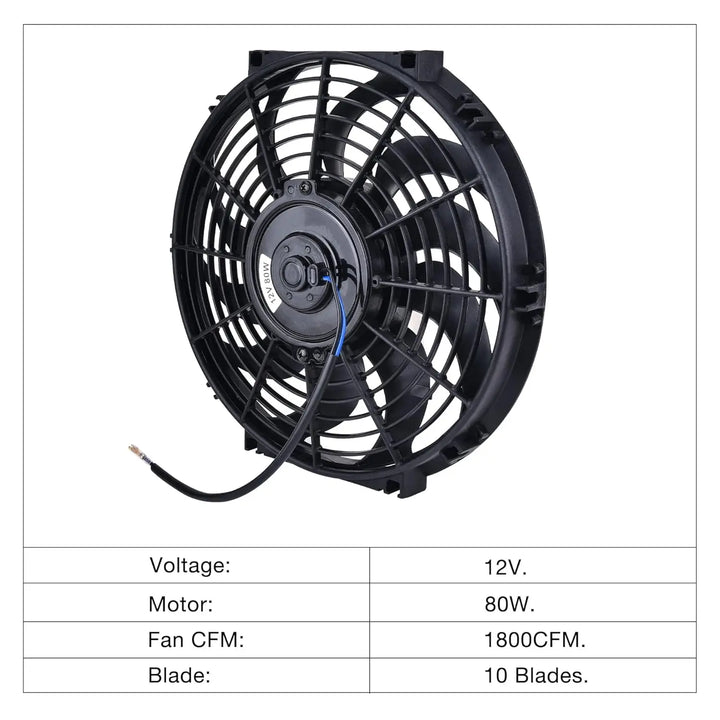 Electric radiator cooling fan with 12V voltage, 80W motor, 1800 CFM airflow, and 10-blade design – high-performance electric fan for automotive cooling systems[12 IN]