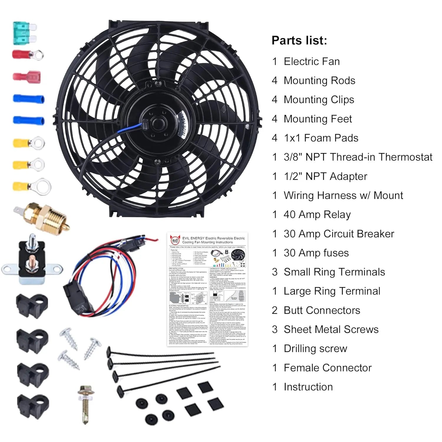 Complete electric radiator cooling fan kit with installation hardware, wiring harness, thermostat, relay, and connectors – full automotive electric fan accessories package[12 IN]