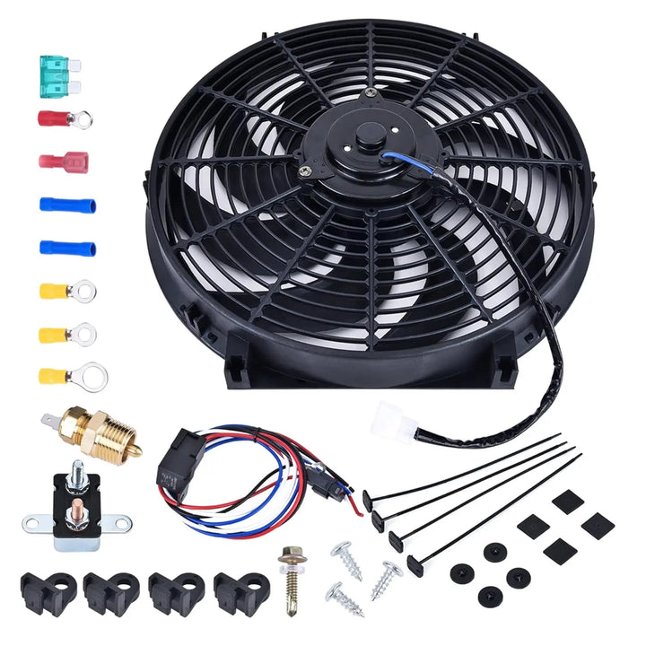 Complete electric radiator cooling fan kit with 12V automotive fan, relay, thermostat sensor, wiring harness, mounting hardware, fuses, connectors, and installation accessories – ideal electric fan for cars [14 IN]