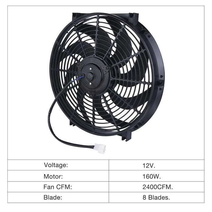 [14 IN] High-power electric radiator cooling fan with 12V voltage, 160W motor, 2400 CFM airflow, and 8-blade design – electric fan automotive solution for high-performance cooling