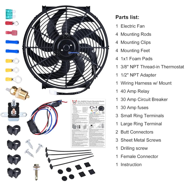 [14 IN] Complete electric radiator cooling fan kit with installation hardware, wiring harness, thermostat, relay, and connectors – full automotive electric fan accessories package