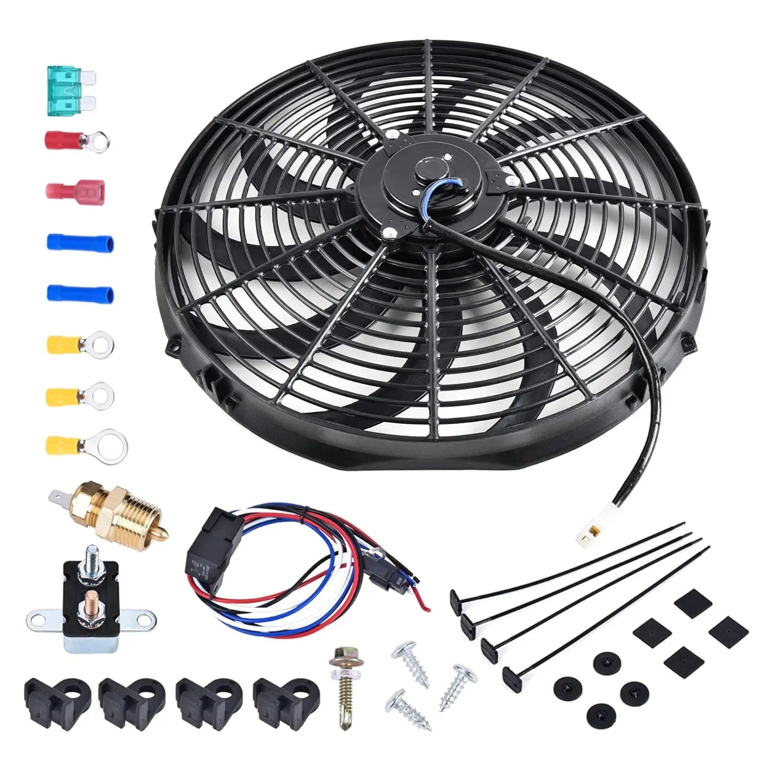 [16 IN] Complete electric radiator cooling fan kit with 12V automotive fan, relay, thermostat sensor, wiring harness, mounting hardware, fuses, connectors, and installation accessories – ideal electric fan for cars