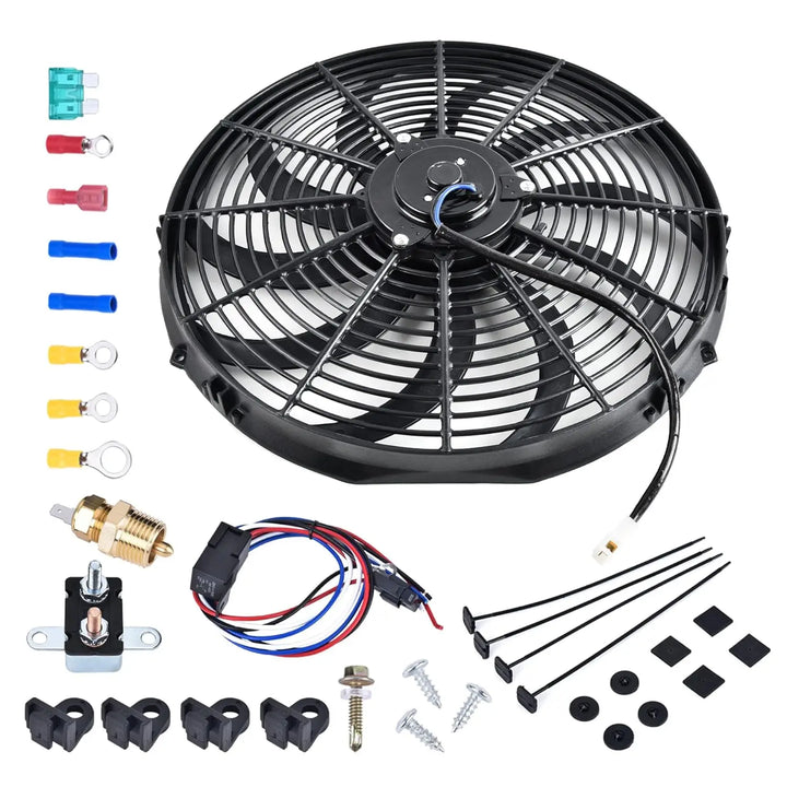 [16 IN] Complete electric radiator cooling fan kit with 12V automotive fan, relay, thermostat sensor, wiring harness, mounting hardware, fuses, connectors, and installation accessories – ideal electric fan for cars