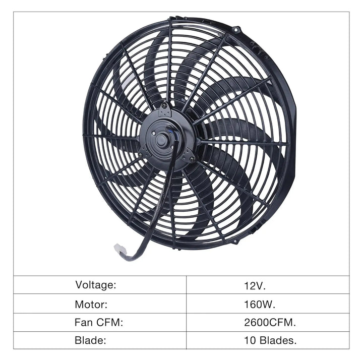 [16 IN] Electric radiator cooling fan with 12V voltage, 160W motor, 2600 CFM airflow, and 10-blade design – high-performance electric fan for automotive cooling systems
