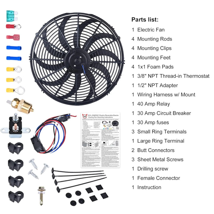 [16IN] Complete electric radiator cooling fan kit with installation hardware, wiring harness, thermostat, relay, and connectors – full automotive electric fan accessories package