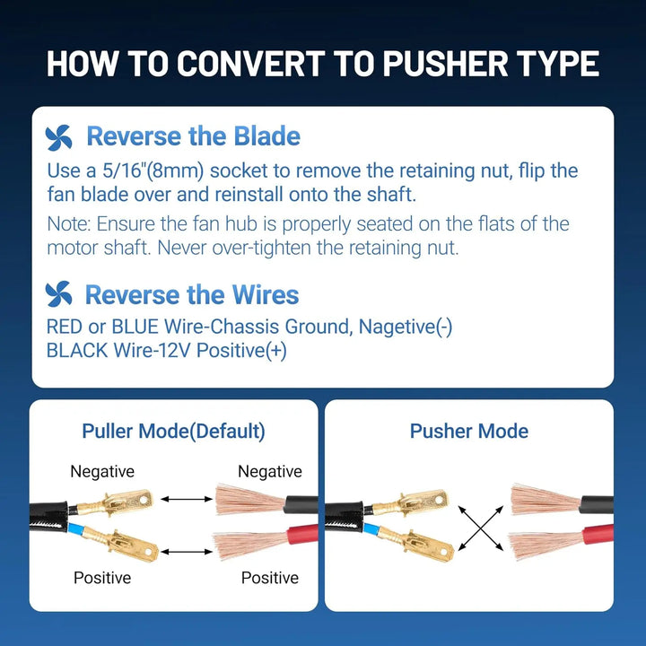 Electric fan wiring and blade conversion guide – switch electric radiator cooling fan from puller to pusher mode for car radiator installation flexibility