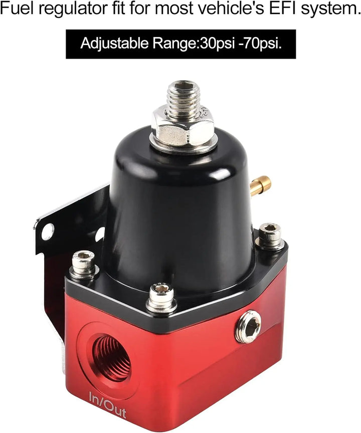 Red and black adjustable fuel pressure regulator for EFI systems with 30-70 PSI range.[30-70PSI]
