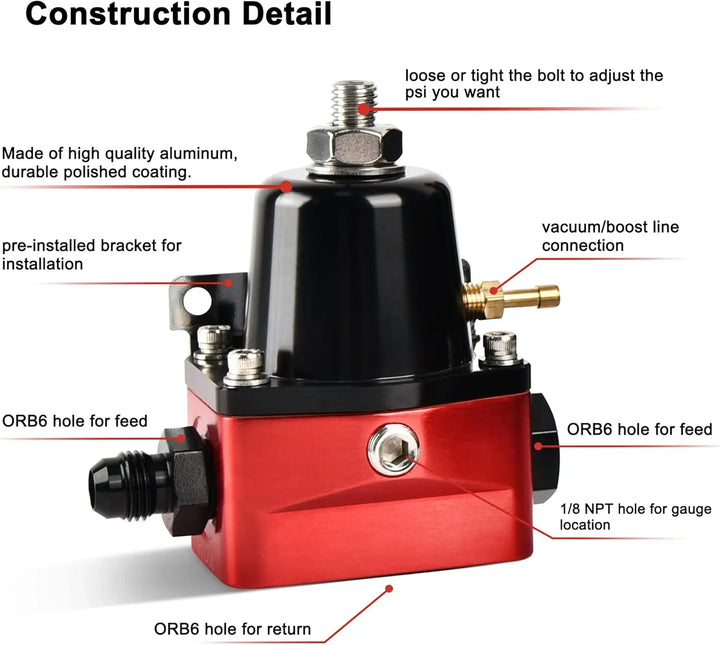 Fuel pressure regulator construction details showing aluminum body, ORB6 ports, vacuum port, and adjustment bolt.