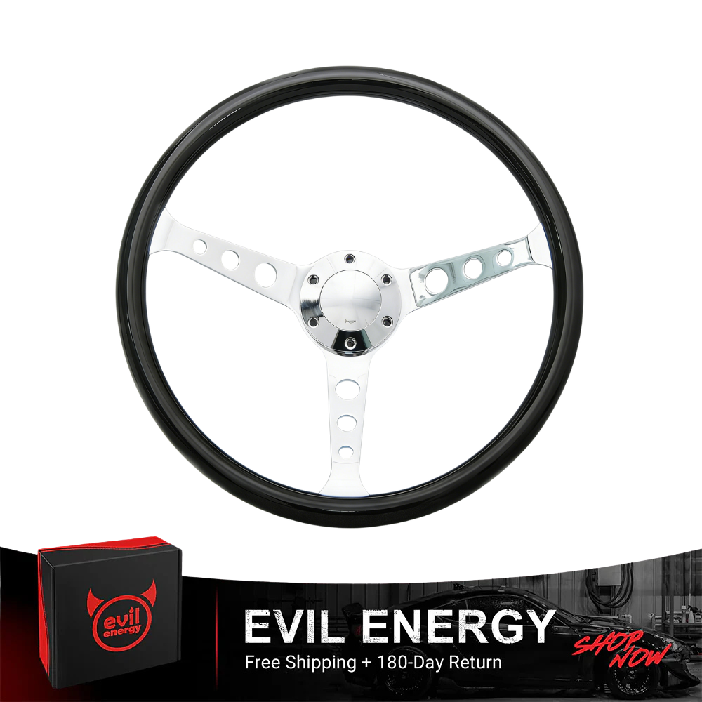 EVIL ENERGY 15 inch Chrome Racing Steering Wheel – 380mm Black Alloy Universal Steering Wheel with Horn