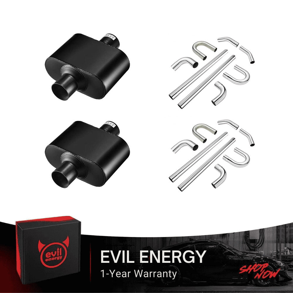 EVIL ENERGY Universal Exhaust Kit – Super 10 Series Muffler (2.5" or 3.0" Center In/Out) + 8-Piece 2.5" Mandrel Bent Tubing Set, Aluminum Plated
