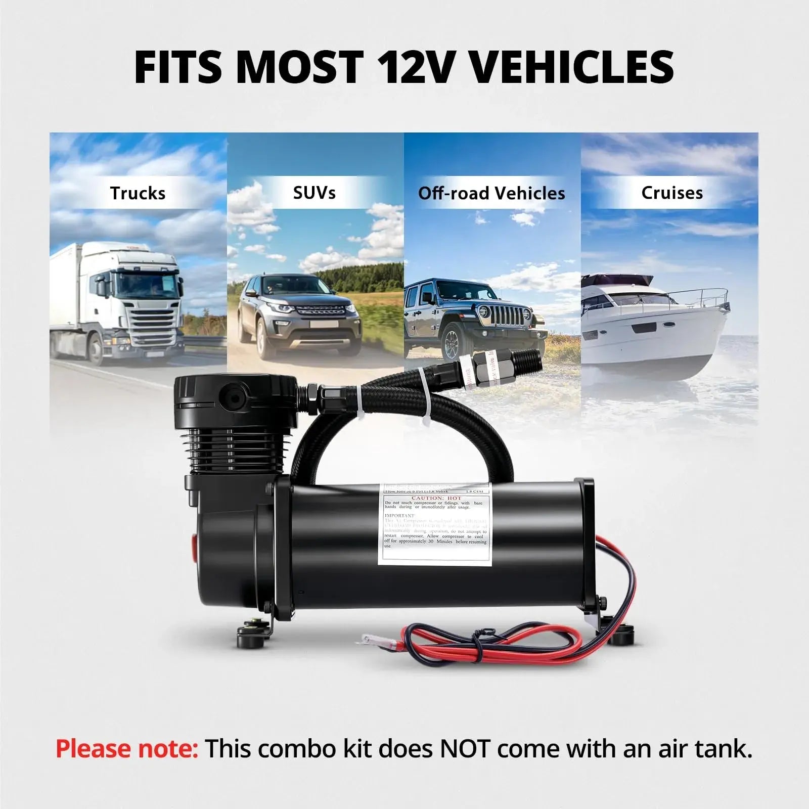 EVILENERGY EVIL ENERGY 200 PSI Air Compressor, 12V Onboard Air Horn Compressor with Stainless Steel Braided Hose, Thermal Overload Protection for Train Horns, Air Suspension, Air Tools[Black]