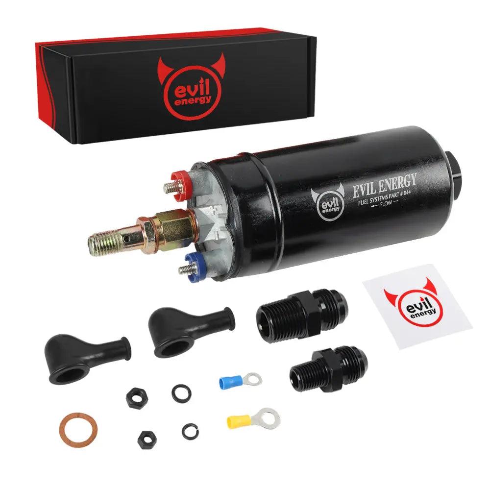 [1PC] EVIL ENERGY External Inline Fuel Pump Complete Kit – With black/red branded box, fittings, gaskets, terminals