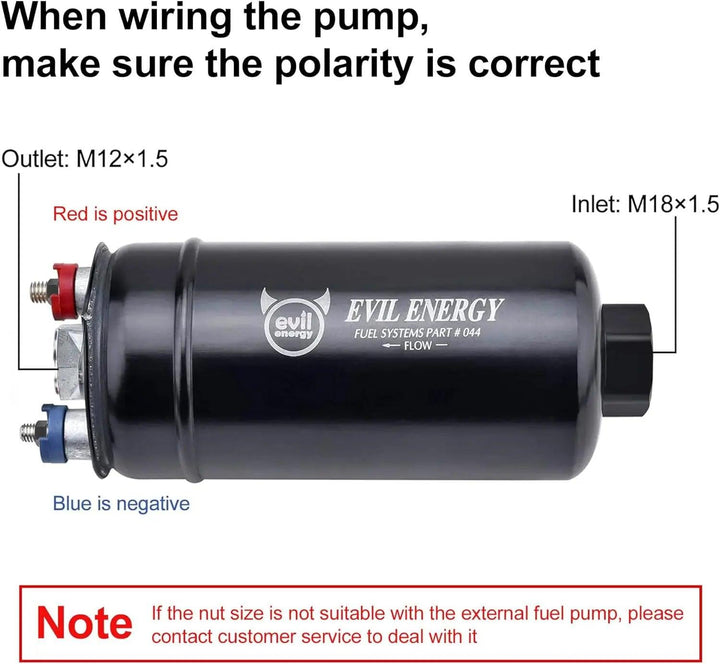 EVIL ENERGY External Inline Fuel Pump Specs – 12V, 200-300 LPH flow, 75PSI pressure, -68°F to 194°F temp range
