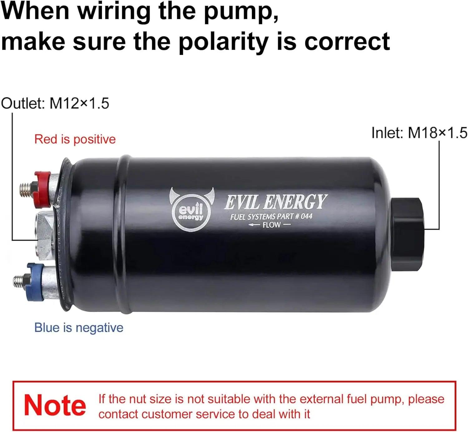 EVIL ENERGY External Inline Fuel Pump Specs – 12V, 200-300 LPH flow, 75PSI pressure, -68°F to 194°F temp range