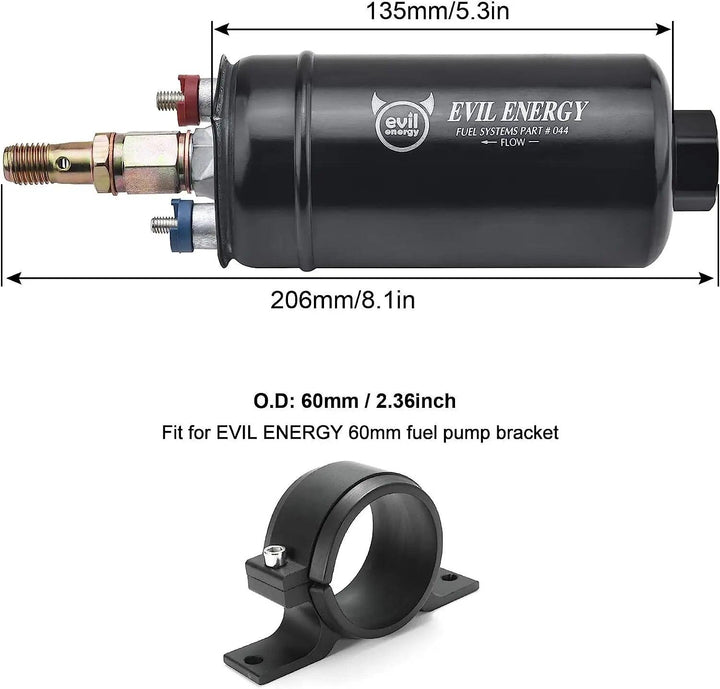 EVIL ENERGY External Inline Fuel Pump Dimensions – 135mm/5.3in length, 206mm/8.1in total, 60mm O.D. (fits 60mm bracket)