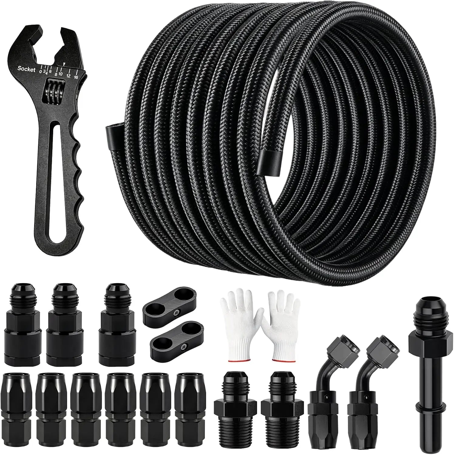 EVILENERGY EVIL ENERGY 25FT 6AN Fuel Line Kit with Adjustable Wrench, 6AN Hose Braided Fuel Line Hose With 6AN Fittings Kit CPE