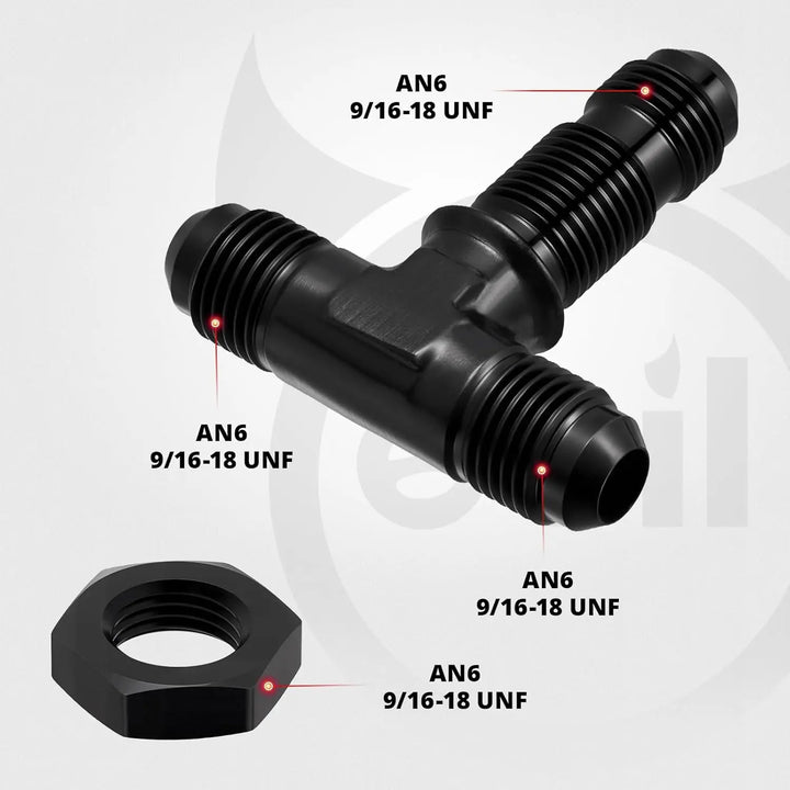 [6AN]EVILENERGY EVIL ENERGY 3/6AN Male Flare Bulkhead on Side Tee T Fitting Adapter, Bulkhead Tee with AN3/6 Nut Aluminum Black
