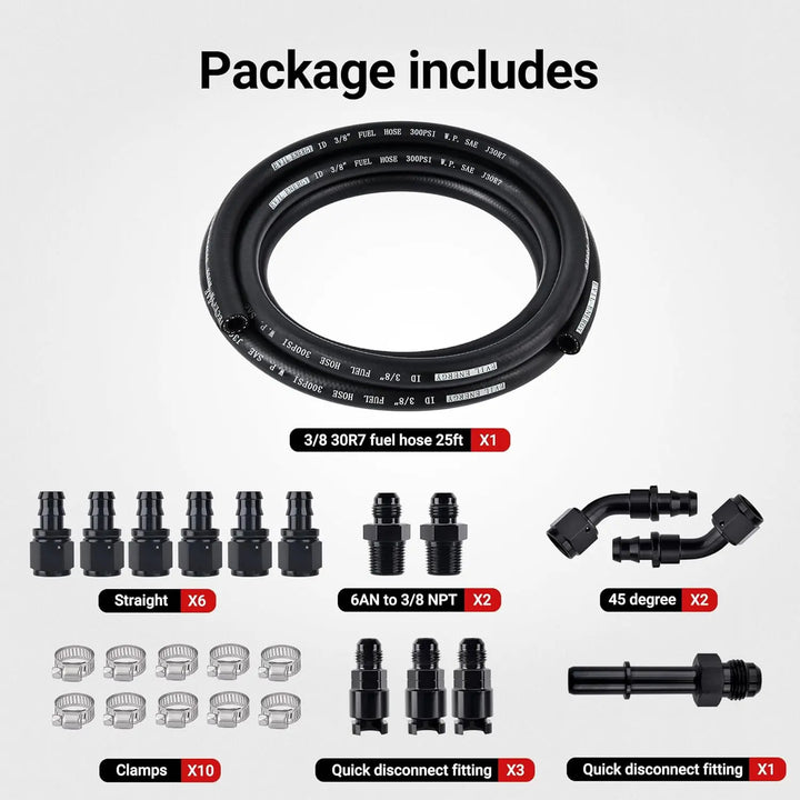 EVILENERGY EVIL ENERGY 3/8 Fuel Line Kit 25FT, SAE 30R7 NBR Rubber Push Lock Fuel Hose with 14 Fitting Adapters and 10 Hose Clamps, 25PCS